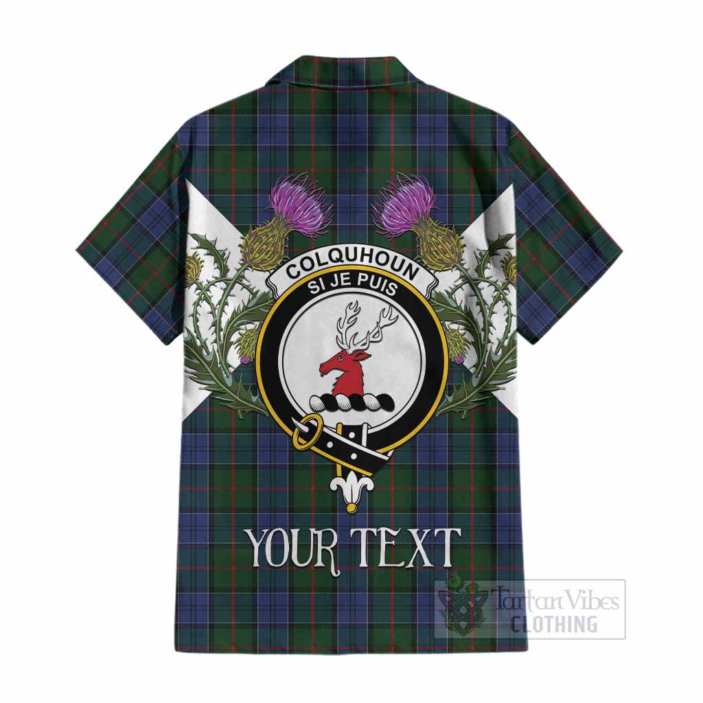 Colquhoun Tartan Family Crest Cotton Hawaiian Shirt Scottish Burns Night Thistle Floral