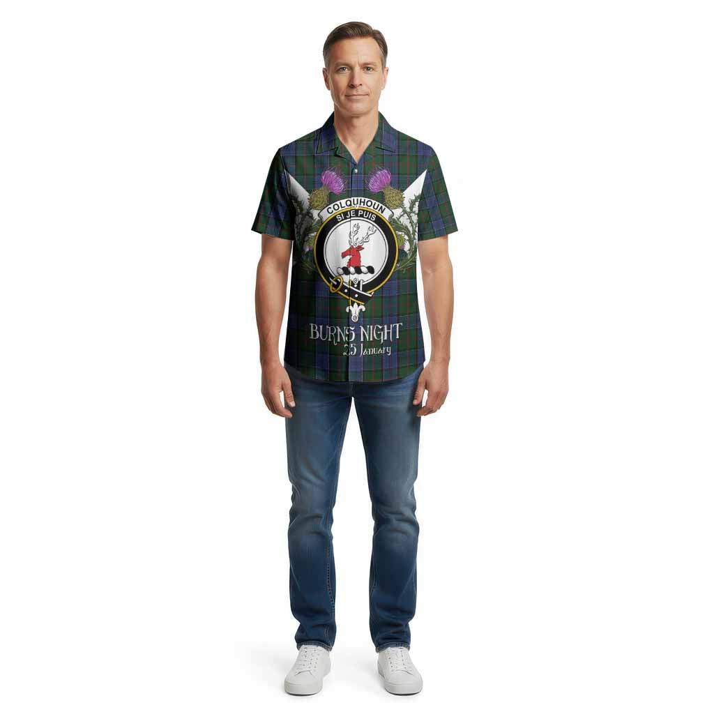 Colquhoun Tartan Family Crest Cotton Hawaiian Shirt Scottish Burns Night Thistle Floral
