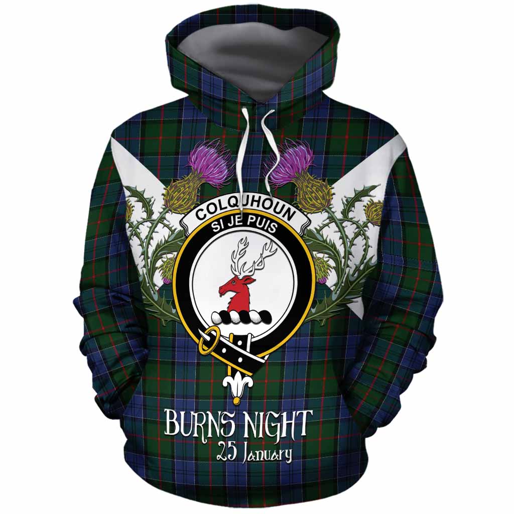 Colquhoun Tartan Family Crest Cotton Hoodie Scottish Burns Night Thistle Floral