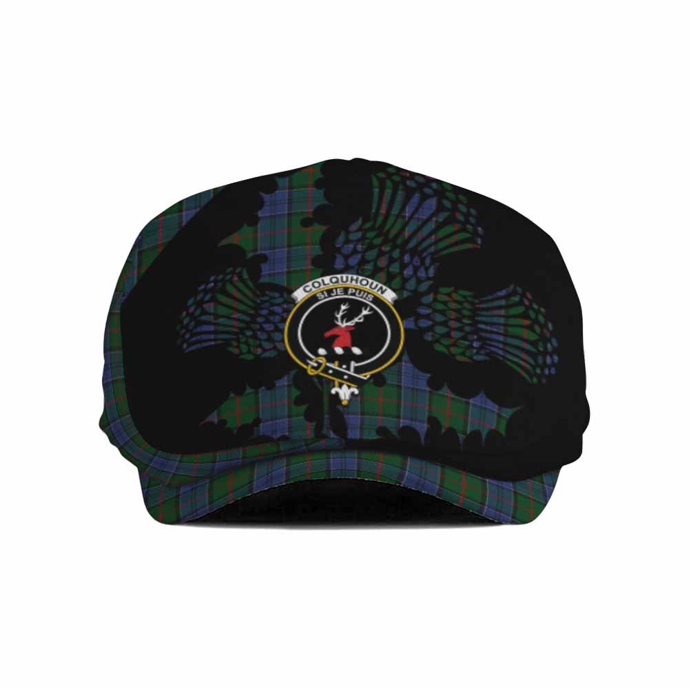 Colquhoun Tartan Family Crest Flat Cap, Jeff Cap Scotland Thistle Floral