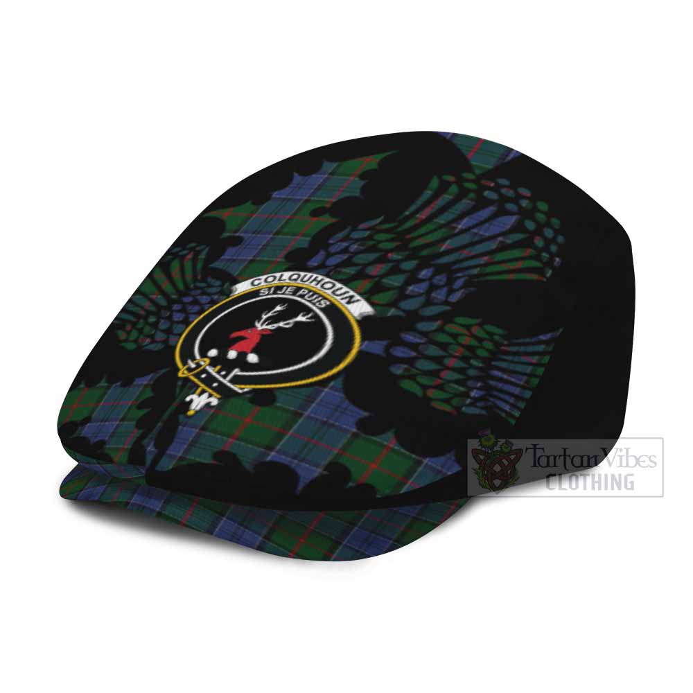 Colquhoun Tartan Family Crest Flat Cap, Jeff Cap Scotland Thistle Floral