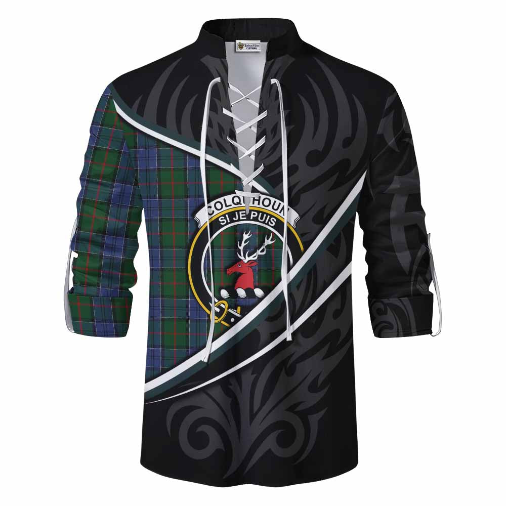 Colquhoun Tartan Family Crest Ghillie Kilt Shirt Celtic Scottish Thistle Floral - Tartan Vibes Clothing