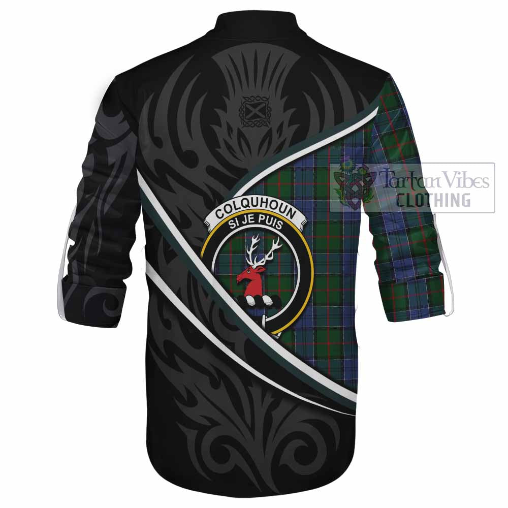 Colquhoun Tartan Family Crest Ghillie Kilt Shirt Celtic Scottish Thistle Floral - Tartan Vibes Clothing