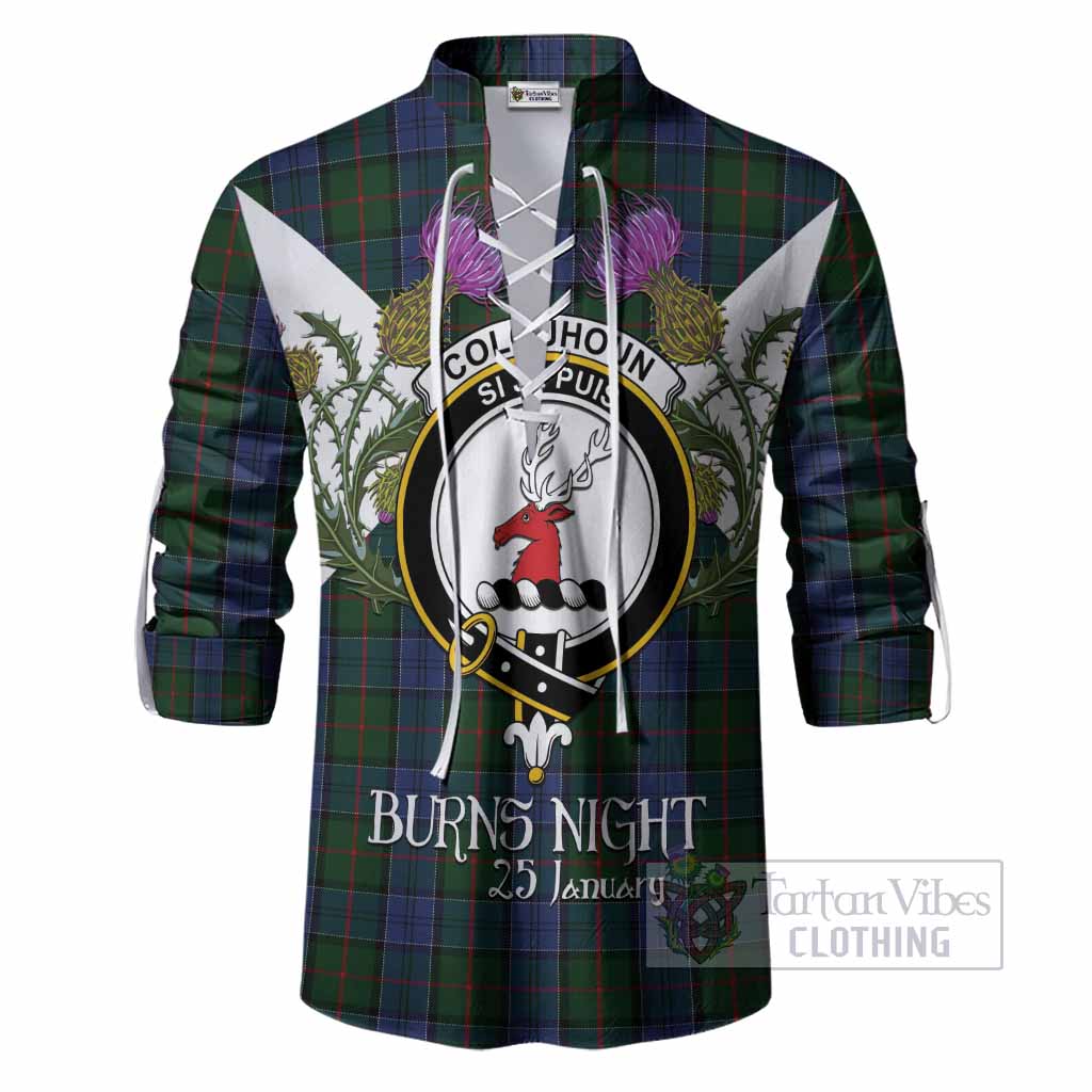 Colquhoun Tartan Family Crest Ghillie Shirt Scottish Burns Night Thistle Floral