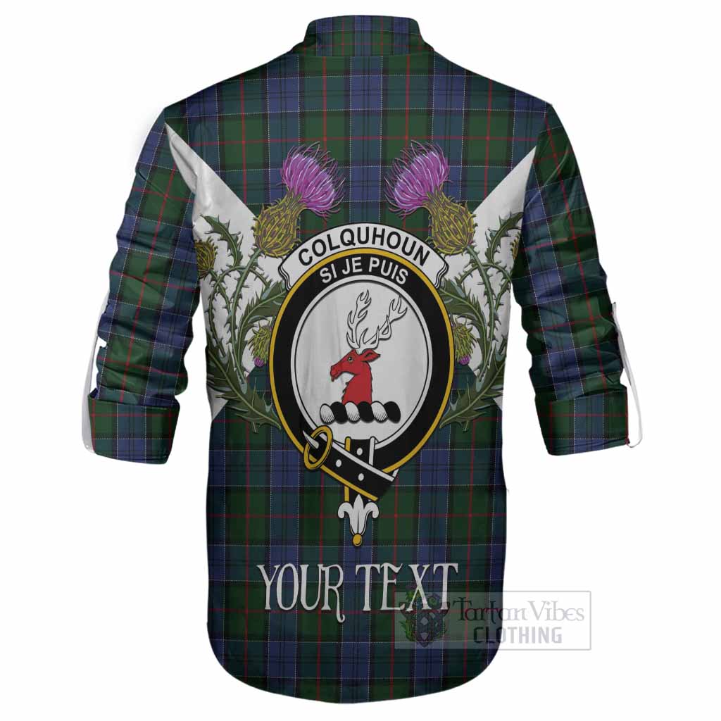 Colquhoun Tartan Family Crest Ghillie Shirt Scottish Burns Night Thistle Floral