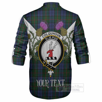 Colquhoun Tartan Family Crest Ghillie Shirt Scottish Burns Night Thistle Floral