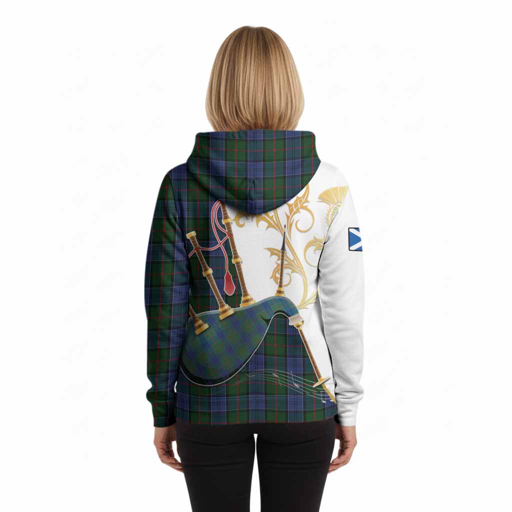 Colquhoun Tartan Family Crest Hoodie Bagpipes with Scottish Thistle