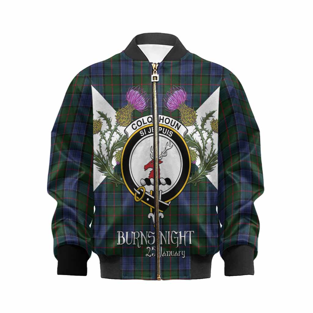 Colquhoun Tartan Family Crest Kid Bomber Jacket Scottish Burns Night Thistle Floral