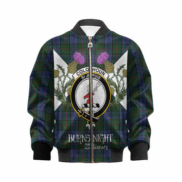 Colquhoun Tartan Family Crest Kid Bomber Jacket Scottish Burns Night Thistle Floral
