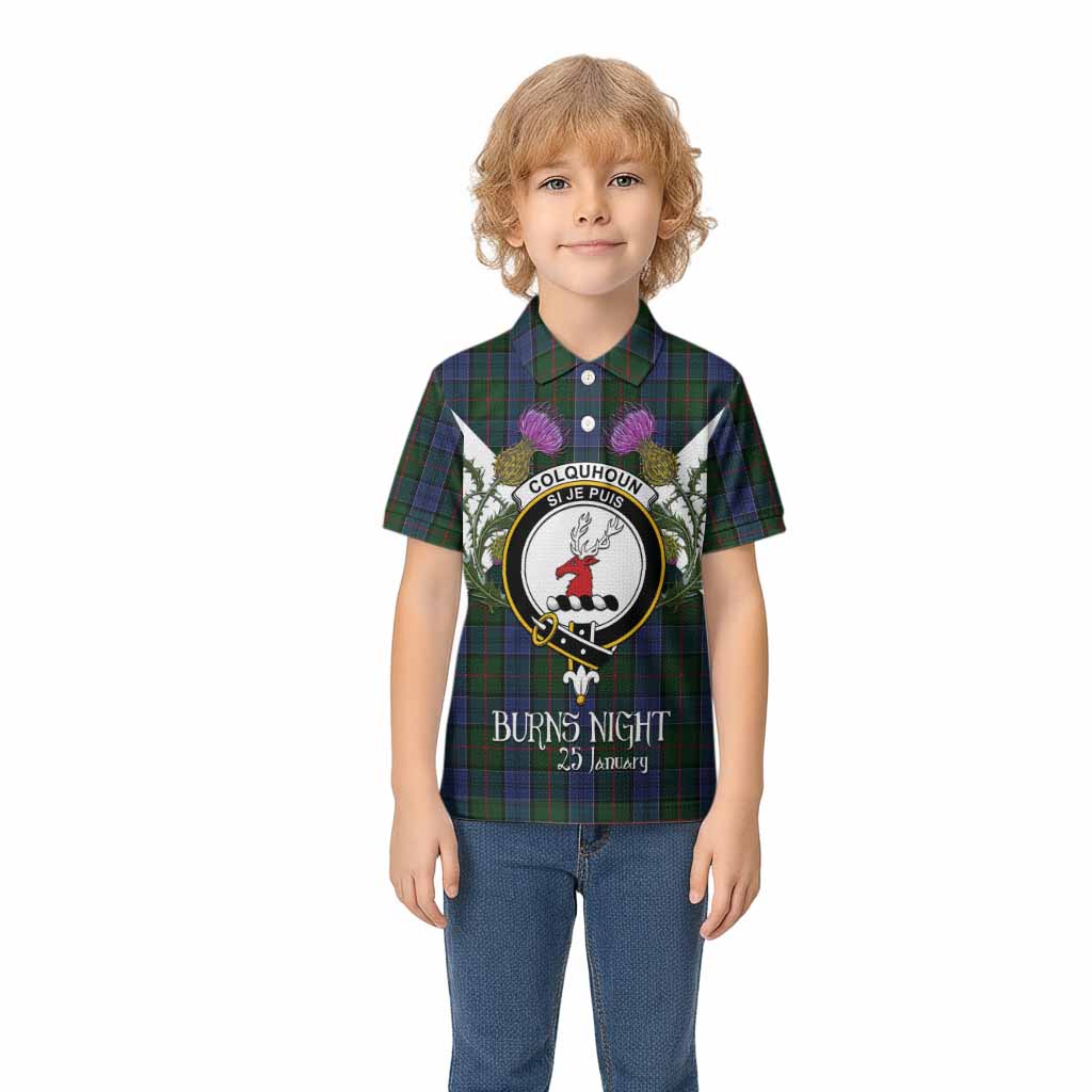 Colquhoun Tartan Family Crest Kid Polo Shirt Scottish Burns Night Thistle Floral