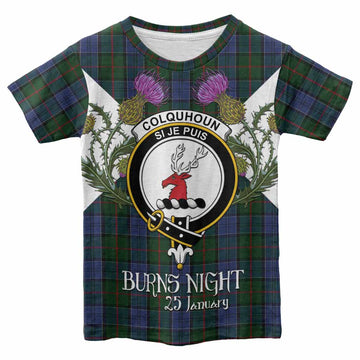 Colquhoun Tartan Family Crest Kid T-shirt Scottish Burns Night Thistle Floral