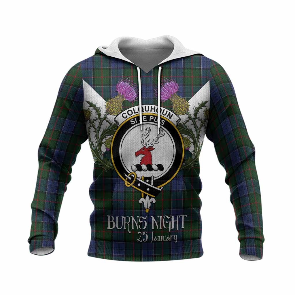 Colquhoun Tartan Family Crest Knitted Hoodie Scottish Burns Night Thistle Floral