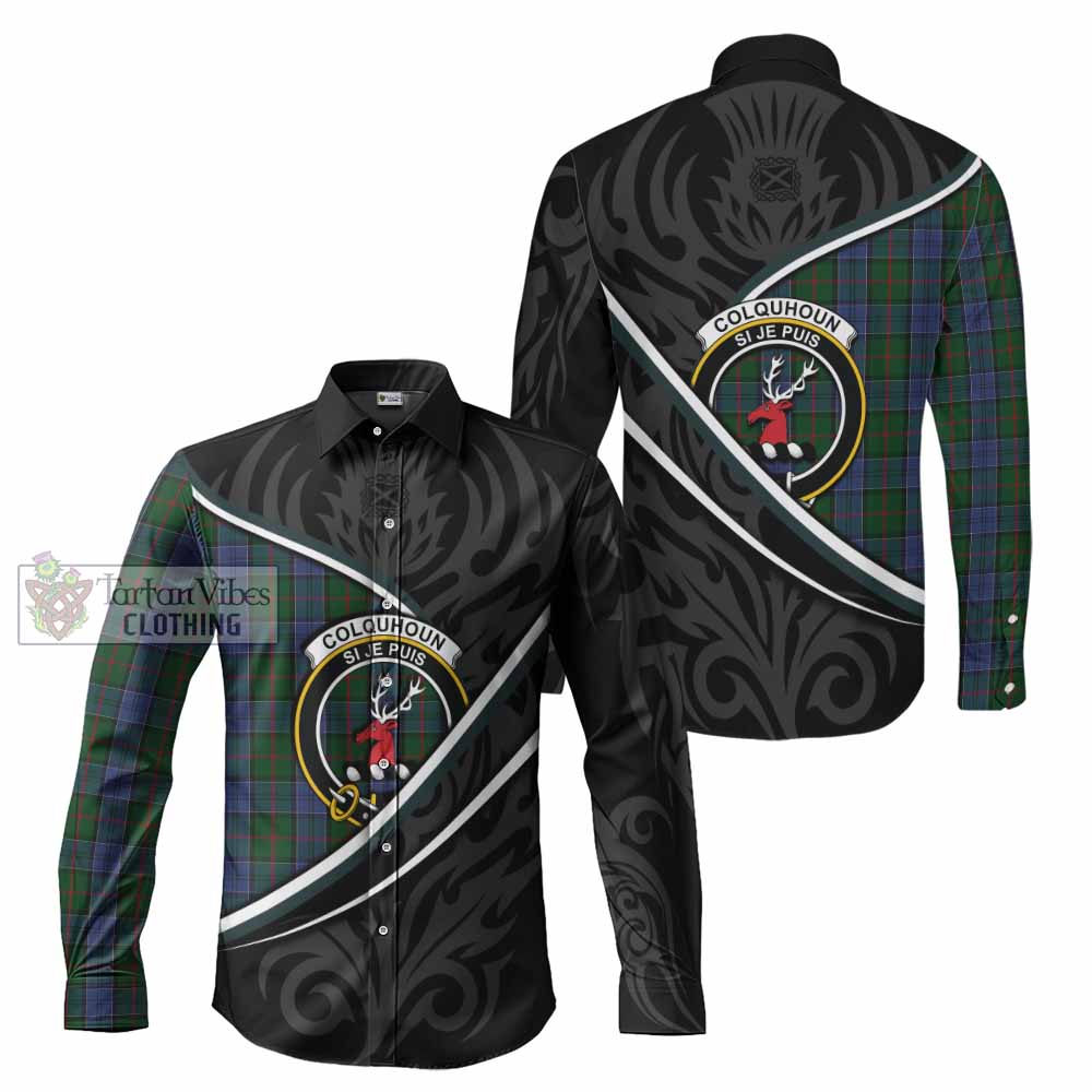 Colquhoun Tartan Family Crest Long Sleeve Button Shirts Celtic Scottish Thistle Floral - Tartan Vibes Clothing