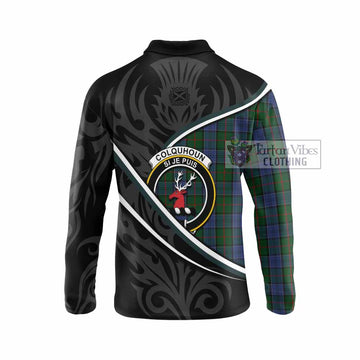 Colquhoun Tartan Family Crest Long Sleeve Polo Shirt Celtic Scottish Thistle Floral