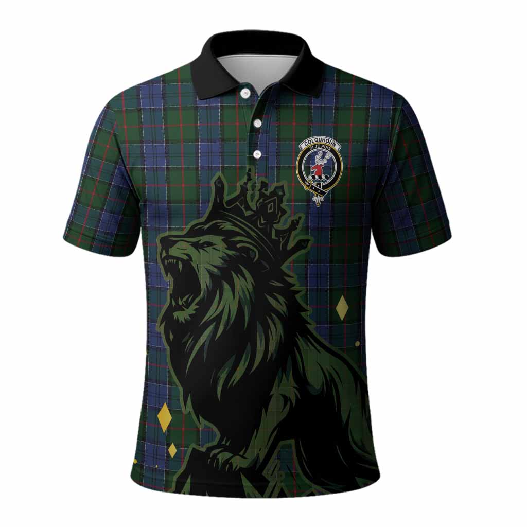 Colquhoun Tartan Family Crest Polo Shirt Crowned Lion Roaring