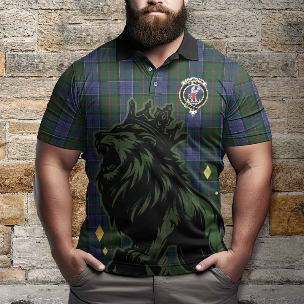 Colquhoun Tartan Family Crest Polo Shirt Crowned Lion Roaring
