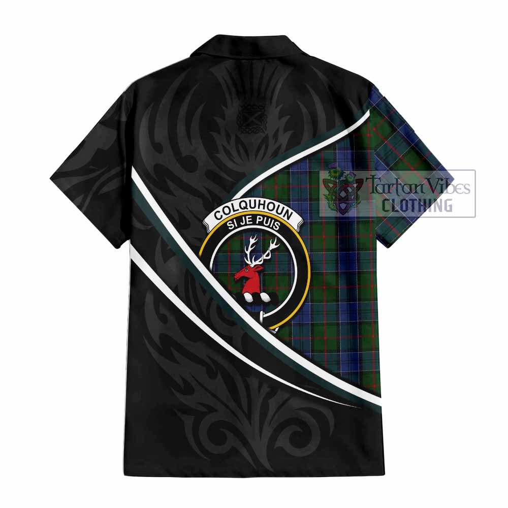 Colquhoun Tartan Family Crest Short Sleeve Button Shirt Celtic Scottish Thistle Floral - Tartan Vibes Clothing