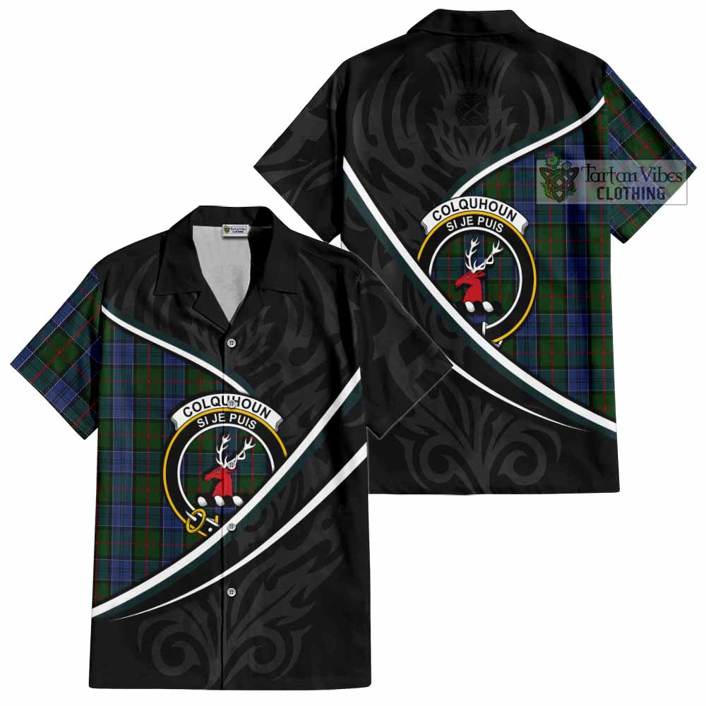 Colquhoun Tartan Family Crest Short Sleeve Button Shirt Celtic Scottish Thistle Floral - Tartan Vibes Clothing
