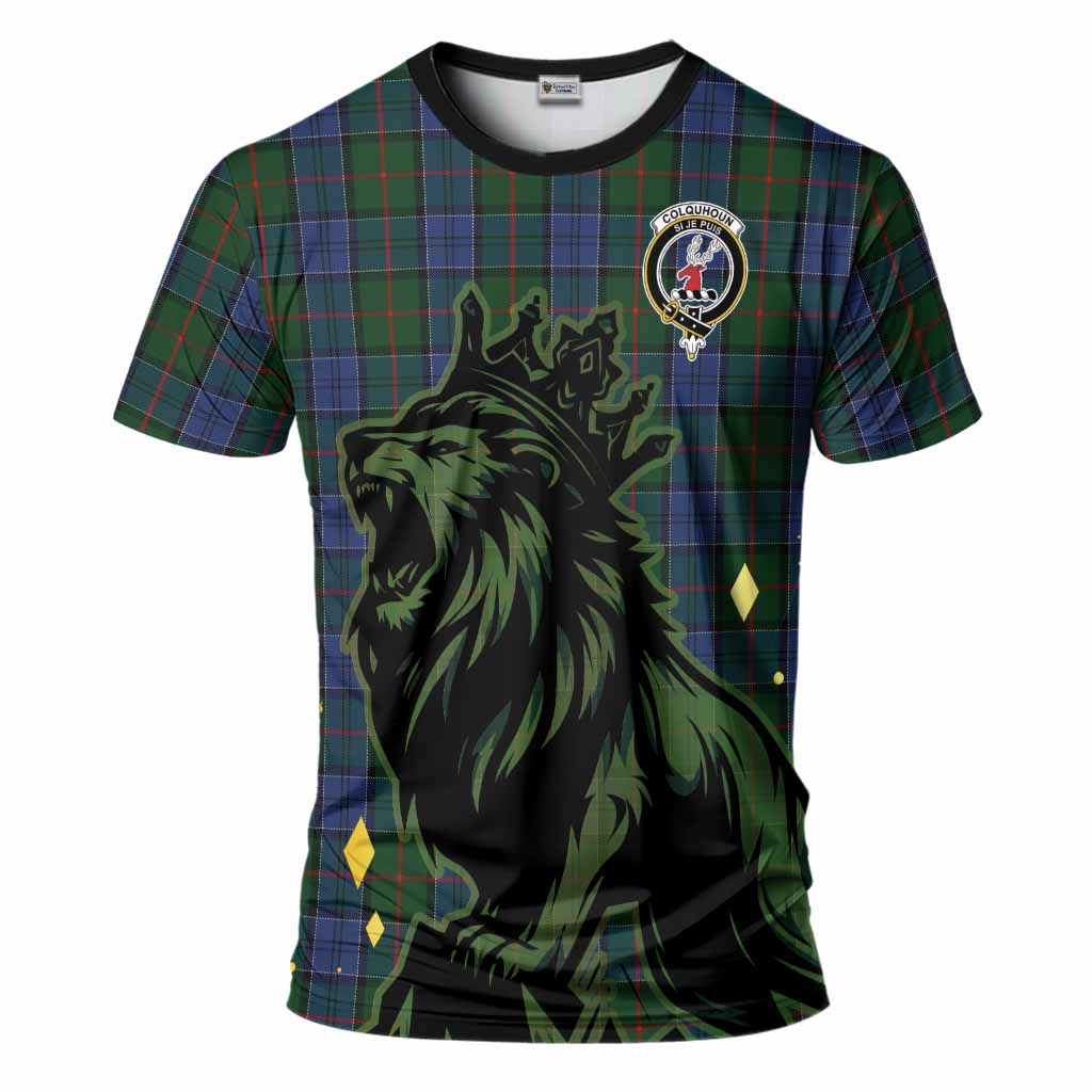 Colquhoun Tartan Family Crest T-Shirt Crowned Lion Roaring