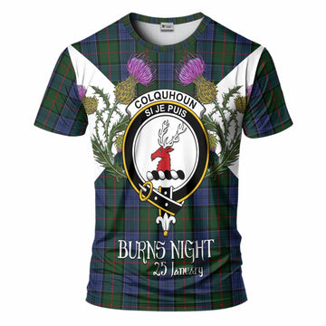 Colquhoun Tartan Family Crest T-Shirt Scottish Burns Night Thistle Floral