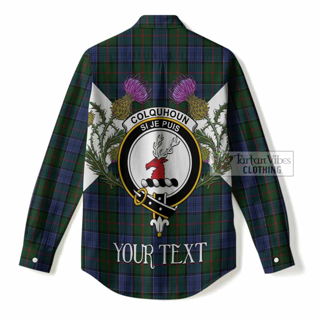 Colquhoun Tartan Family Crest Women Casual Shirt Scottish Burns Night Thistle Floral