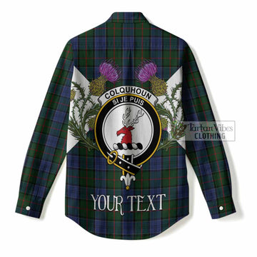 Colquhoun Tartan Family Crest Women Casual Shirt Scottish Burns Night Thistle Floral