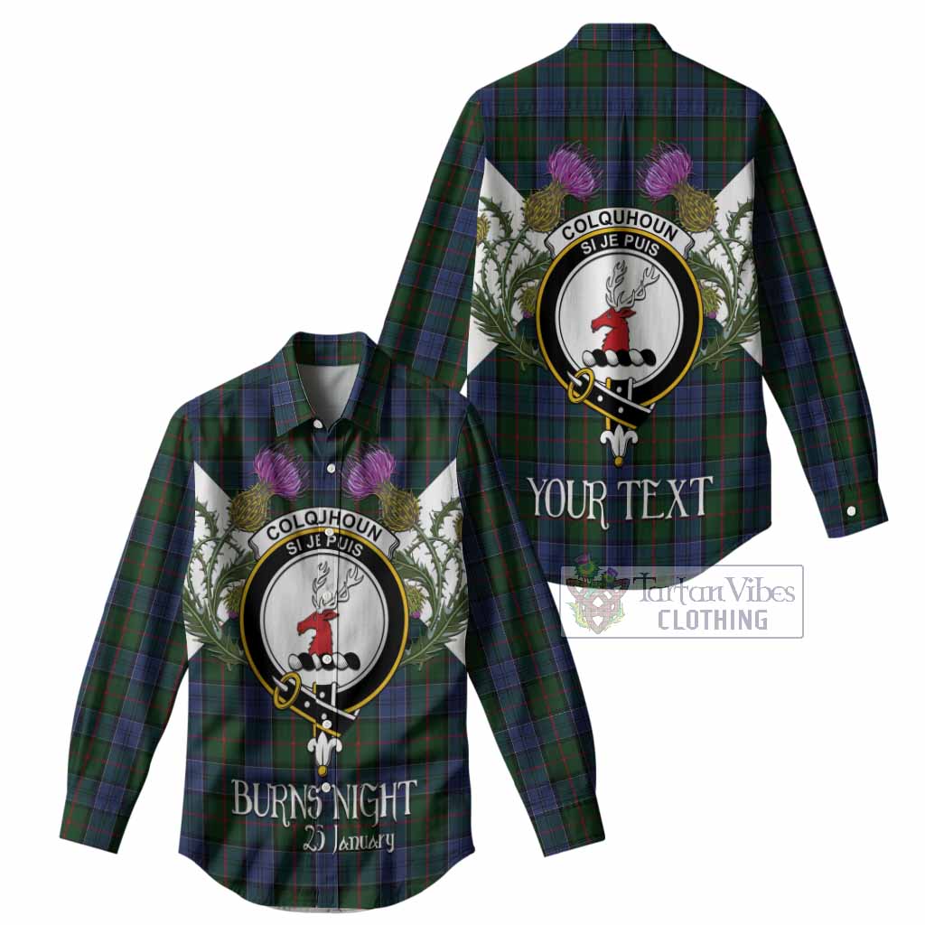 Colquhoun Tartan Family Crest Women Casual Shirt Scottish Burns Night Thistle Floral