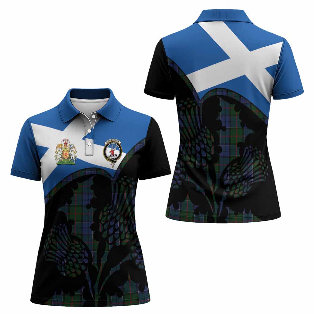 Colquhoun Tartan Family Crest Women Polo Shirt Scotland Thistle Floral Flag Style