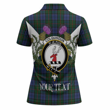 Colquhoun Tartan Family Crest Women Polo Shirt Scottish Burns Night Thistle Floral