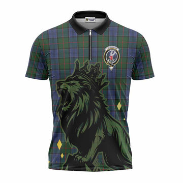 Colquhoun Tartan Family Crest Zipper Polo Shirt Crowned Lion Roaring