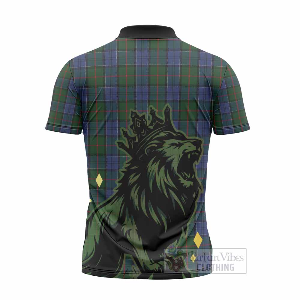 Colquhoun Tartan Family Crest Zipper Polo Shirt Crowned Lion Roaring