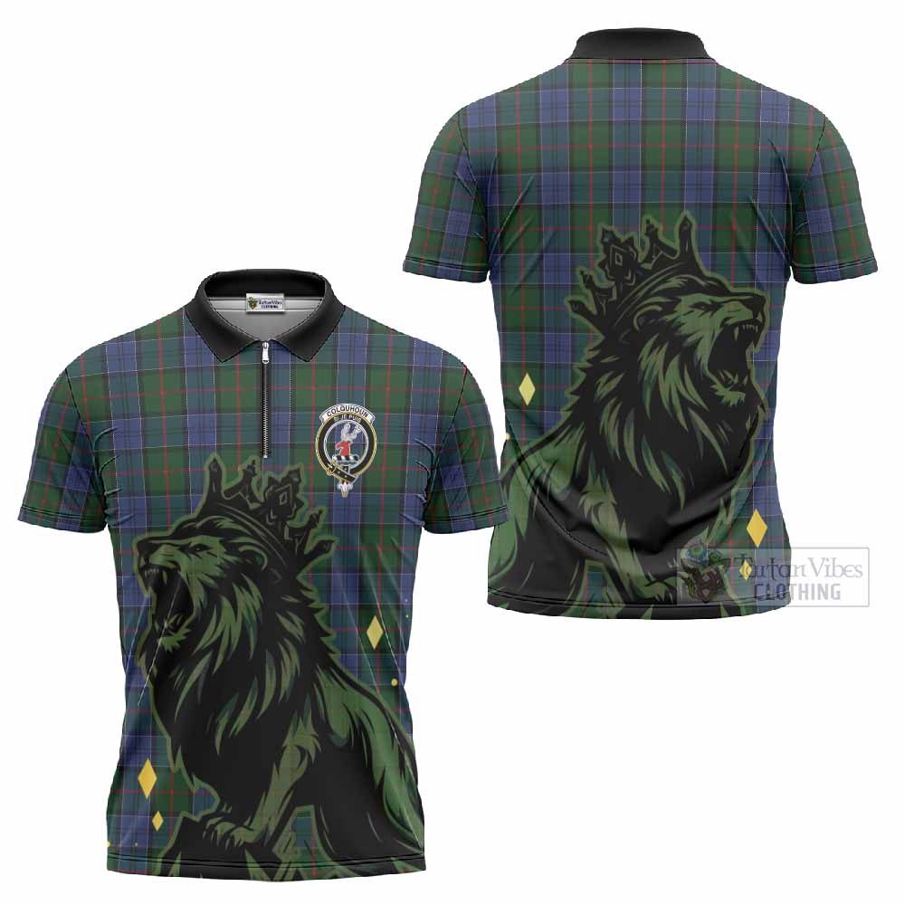 Colquhoun Tartan Family Crest Zipper Polo Shirt Crowned Lion Roaring