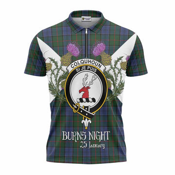 Colquhoun Tartan Family Crest Zipper Polo Shirt Scottish Burns Night Thistle Floral