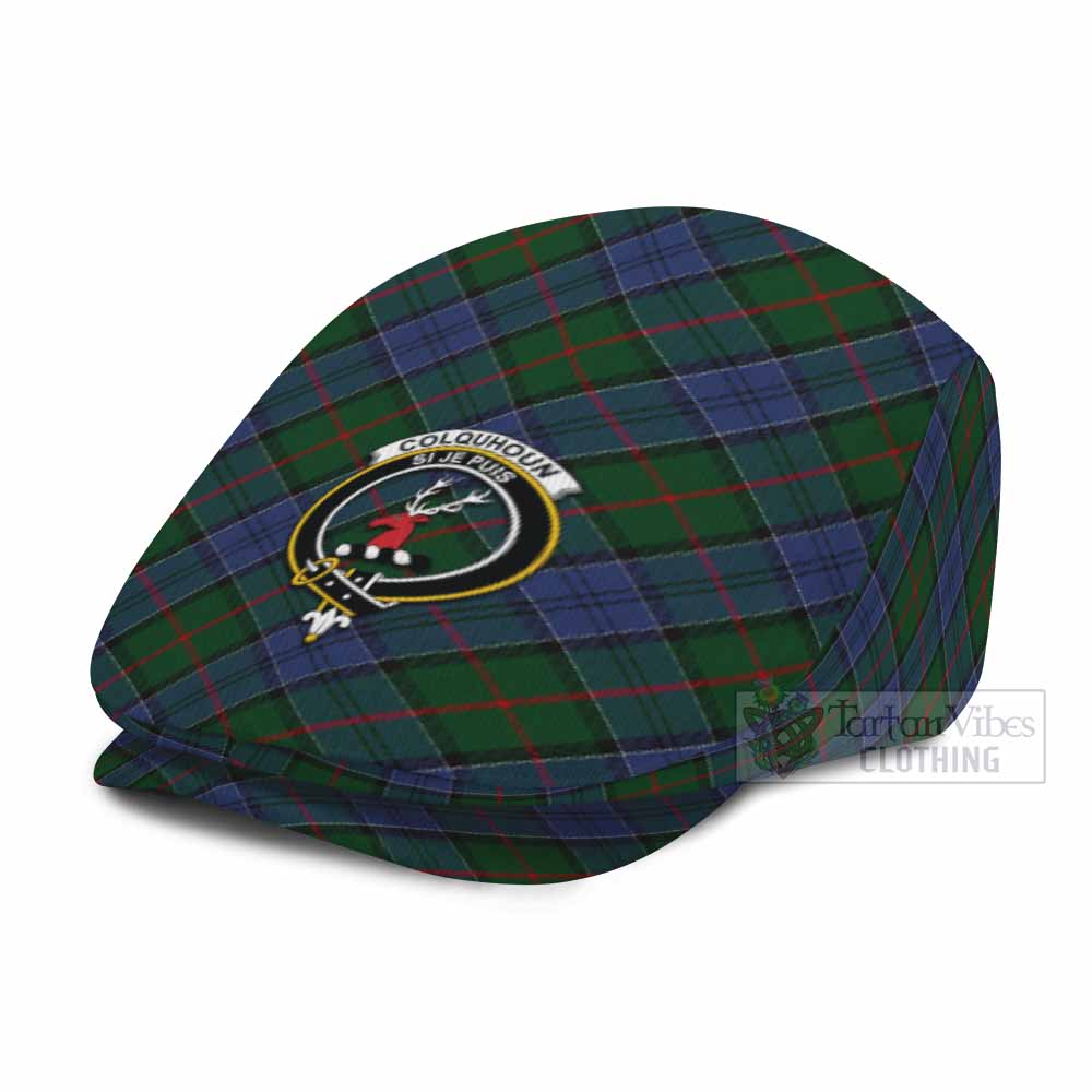 Colquhoun Tartan Flat Cap, Jeff Cap Cross Style with Family Crest - Tartan Vibes Clothing