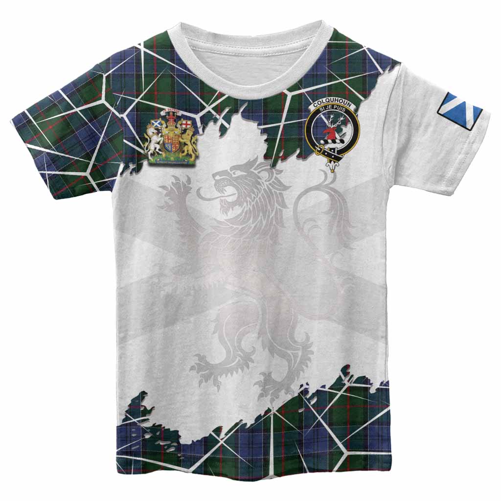 Colquhoun Tartan Kid T-shirt with Family Crest and Lion Rampant Grunge Style