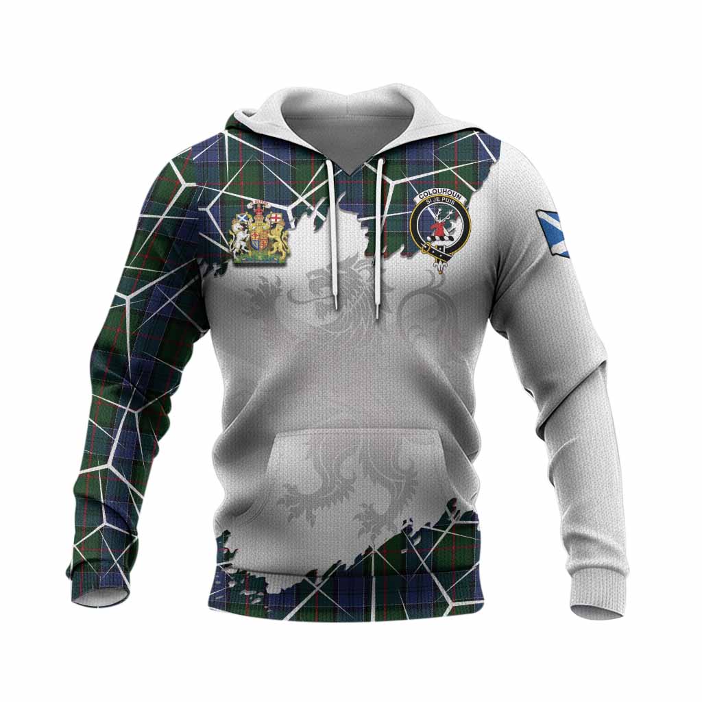 Colquhoun Tartan Knitted Hoodie with Family Crest and Lion Rampant Grunge Style