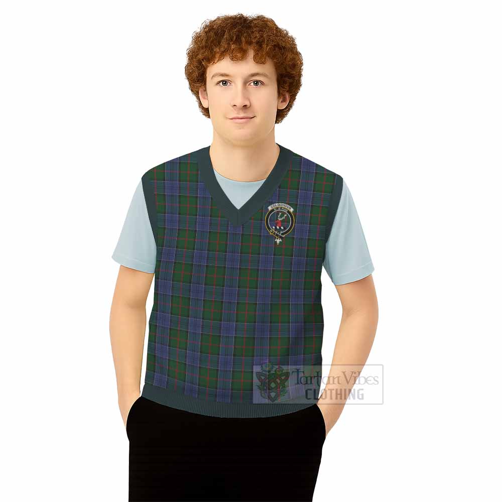 Colquhoun Tartan Knitted V-Neck Vest with Family Crest - Tartan Vibes Clothing