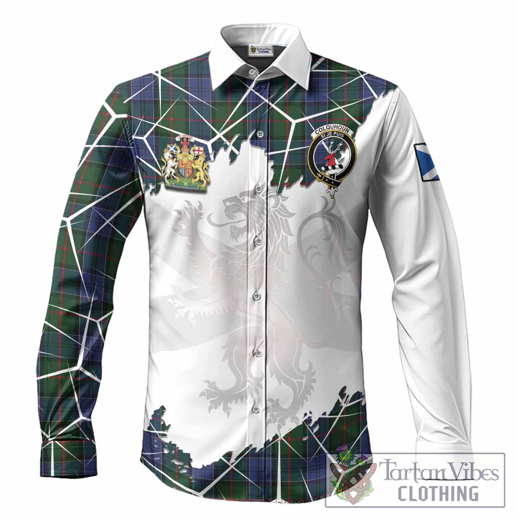 Colquhoun Tartan Long Sleeve Button Shirts with Family Crest and Lion Rampant Grunge Style