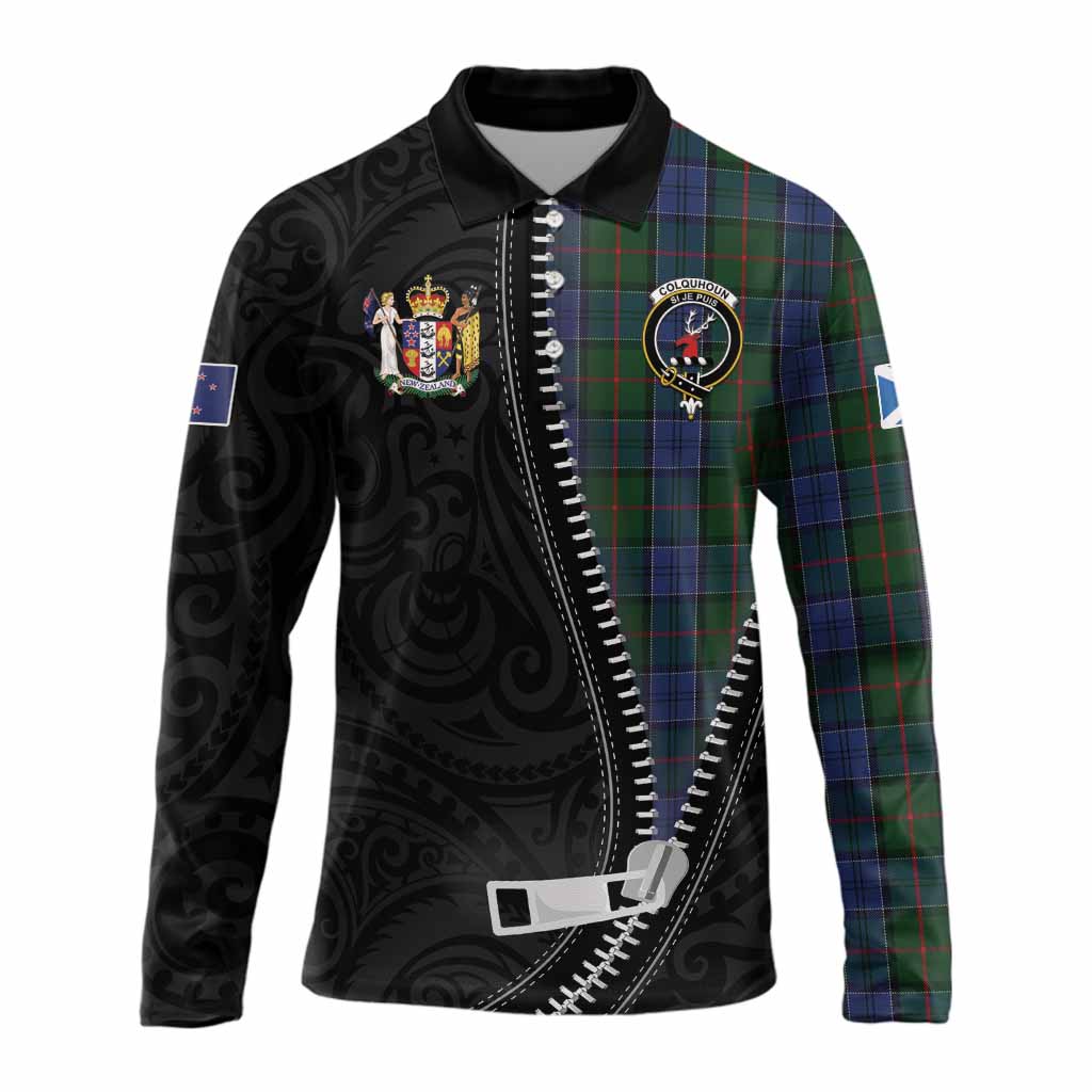 Colquhoun Tartan Long Sleeve Polo Shirt New Zealand Pattern Unique Zipper Stylized