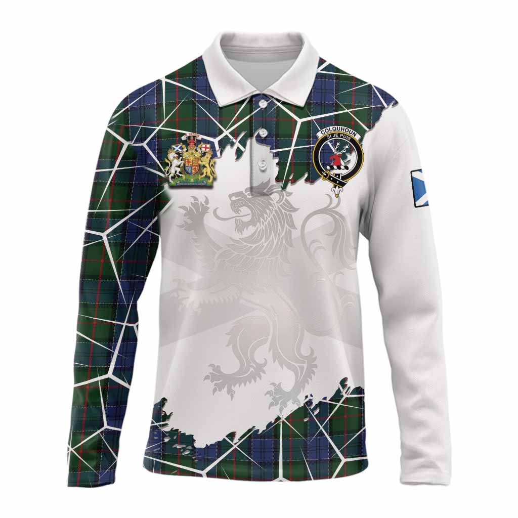 Colquhoun Tartan Long Sleeve Polo Shirt with Family Crest and Lion Rampant Grunge Style
