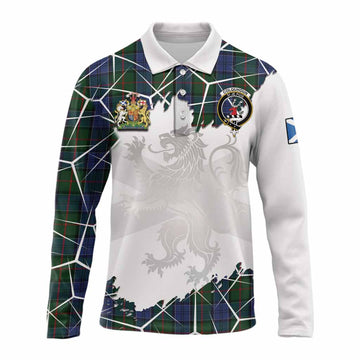 Colquhoun Tartan Long Sleeve Polo Shirt with Family Crest and Lion Rampant Grunge Style