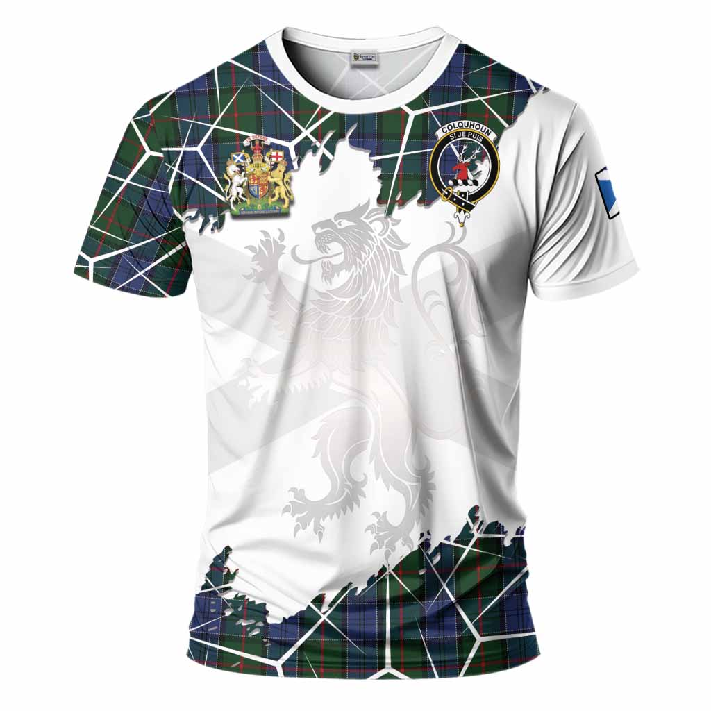 Colquhoun Tartan T-Shirt with Family Crest and Lion Rampant Grunge Style