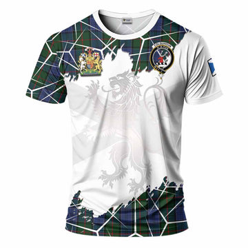 Colquhoun Tartan T-Shirt with Family Crest and Lion Rampant Grunge Style