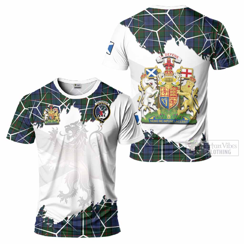 Colquhoun Tartan T-Shirt with Family Crest and Lion Rampant Grunge Style