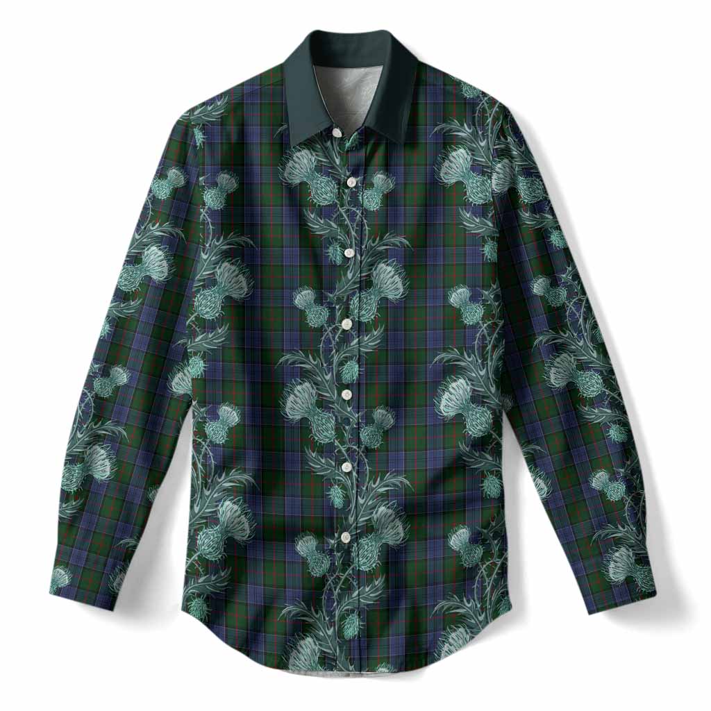 Colquhoun Tartan Women Casual Shirt Seamless Scottish Thistle Flowers