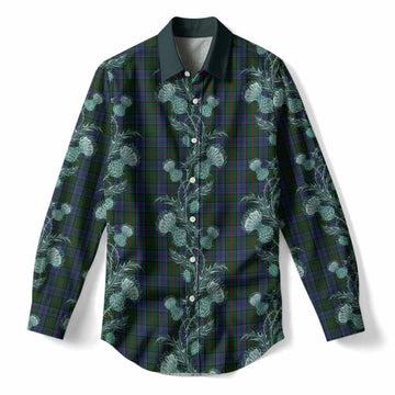 Colquhoun Tartan Women Casual Shirt Seamless Scottish Thistle Flowers