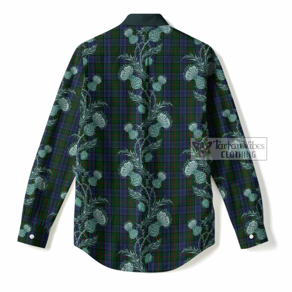 Colquhoun Tartan Women Casual Shirt Seamless Scottish Thistle Flowers