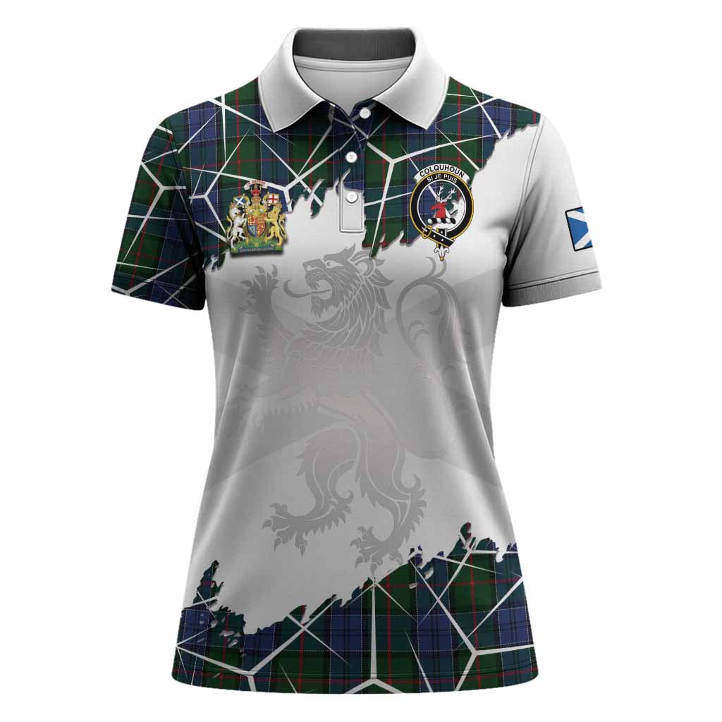 Colquhoun Tartan Women Polo Shirt with Family Crest and Lion Rampant Grunge Style