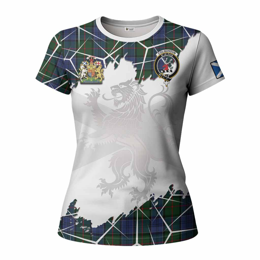 Colquhoun Tartan Women T shirt with Family Crest and Lion Rampant Grunge Style