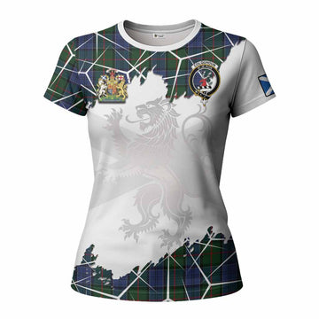 Colquhoun Tartan Women T shirt with Family Crest and Lion Rampant Grunge Style